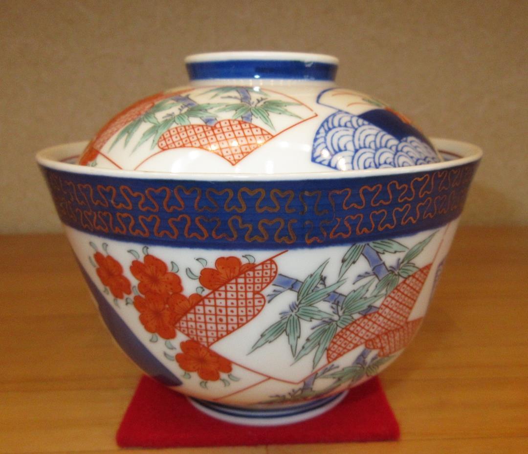 送料込【逢絢亭】雑煮椀 有田焼 染錦 友禅 ５客セット 西山作 共箱入り