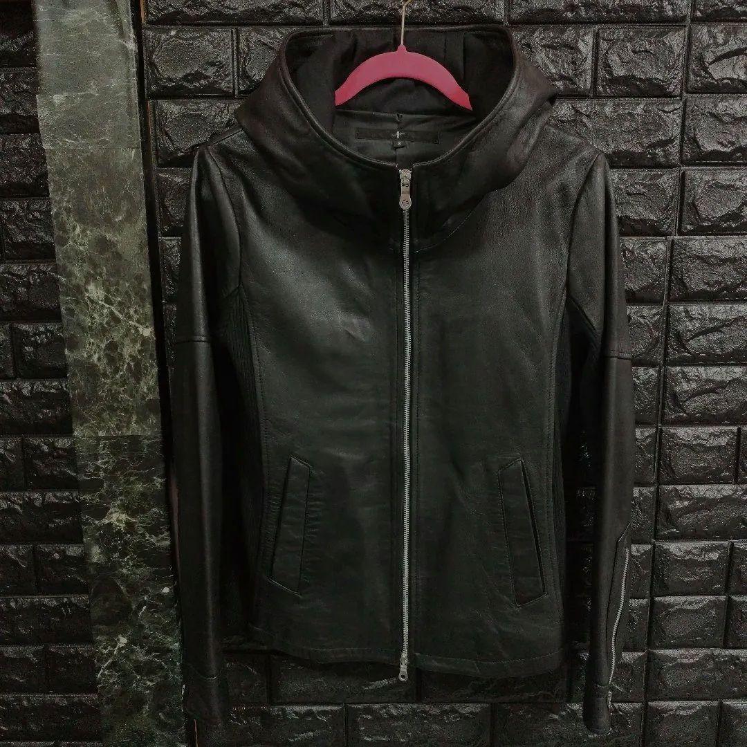 美品ノーアイディー黒ラムレザー シングルフード付きライダースジャケットＳ２完売品