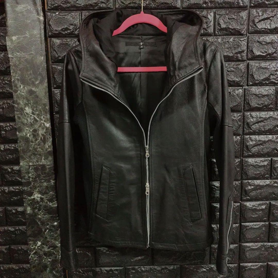 美品ノーアイディー黒ラムレザー シングルフード付きライダースジャケットＳ２完売品