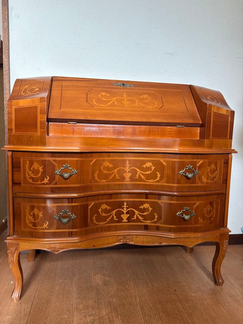 アンティーク イタリア ライディングビューロー 鍵付き 猫脚 象嵌 店舗 什器