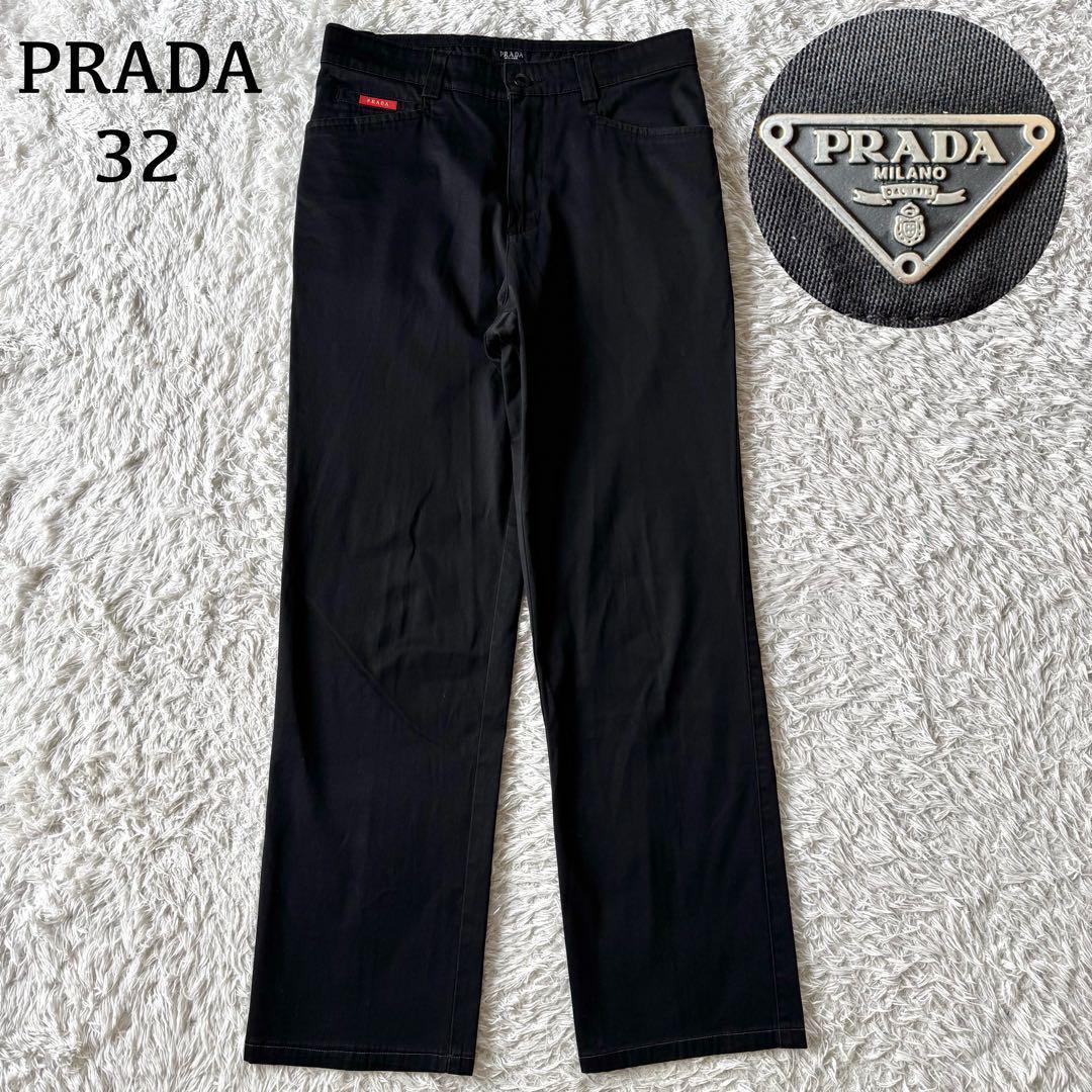 極美品　PRADA プラダ　ストレッチ　チノパン　ラバーロゴ　三角ロゴ　32 黒