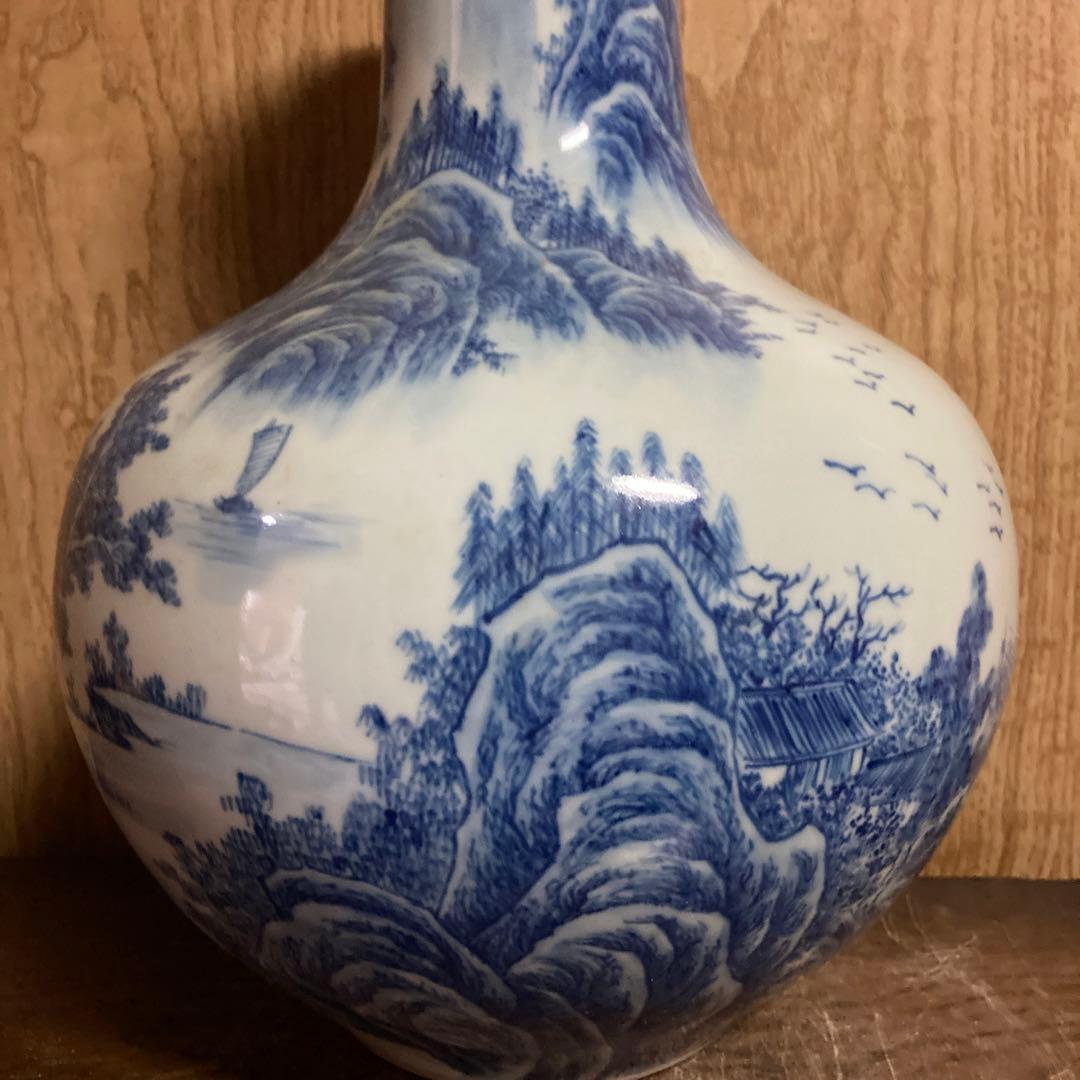 中国　染付　瓶　天球瓶　山水図　大清乾隆年製銘