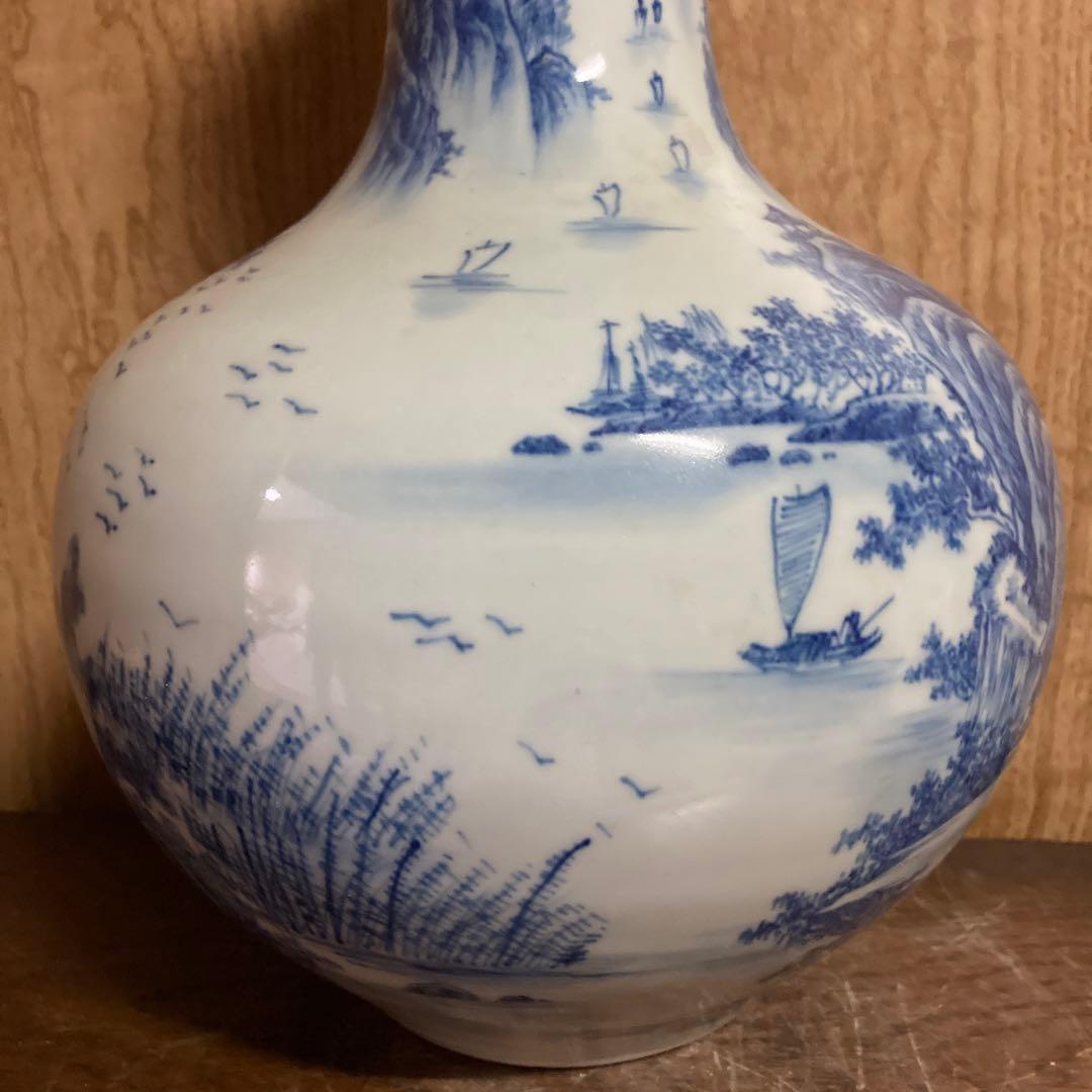 中国　染付　瓶　天球瓶　山水図　大清乾隆年製銘