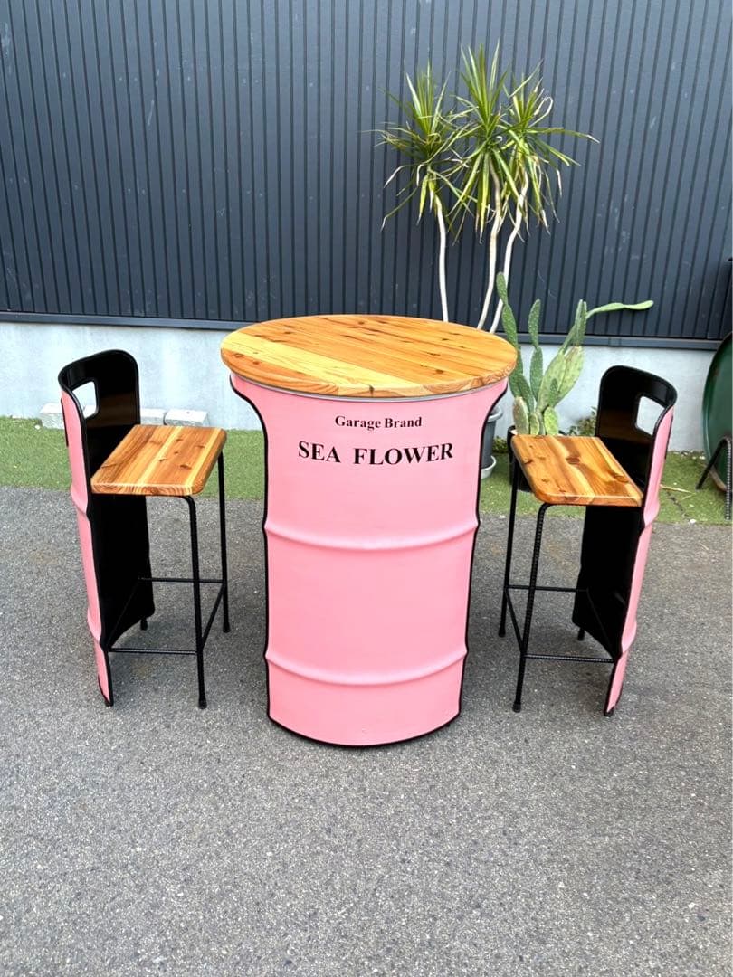 ドラム缶リメイクテーブルセット　無垢材仕様