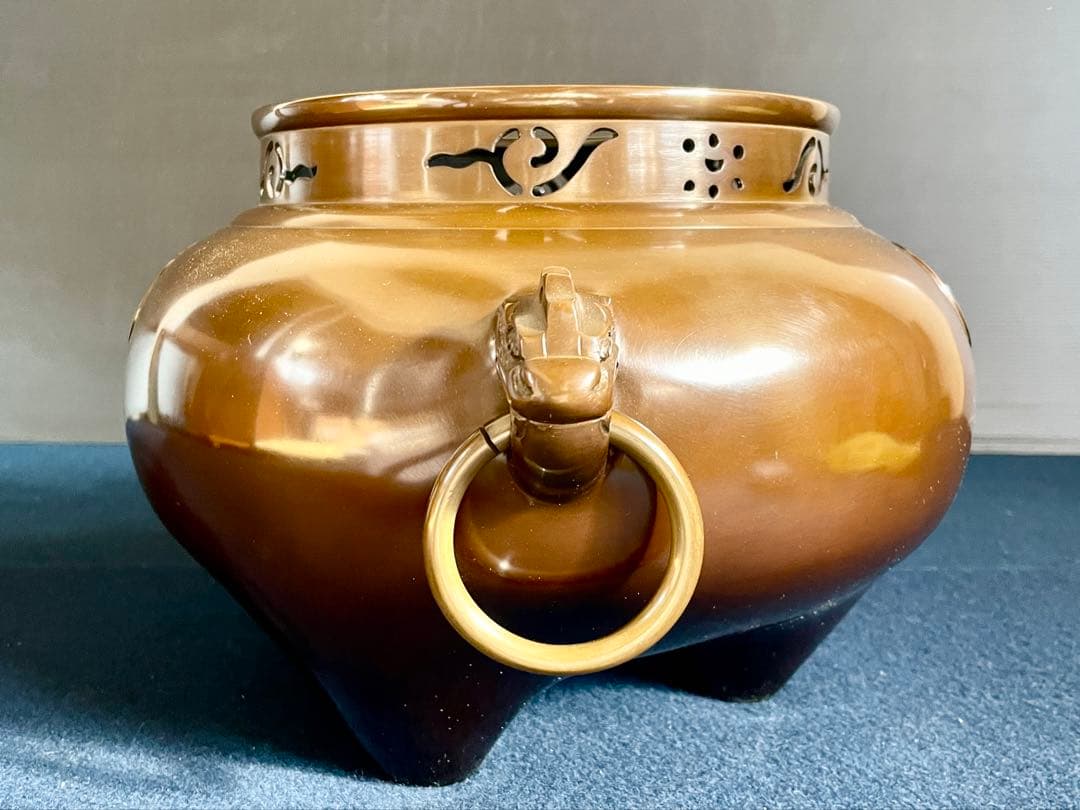 割引❣️【美品】「祖」 唐銅 鬼面風炉 釜師 莎村 共箱 共布 （1030あ莎）