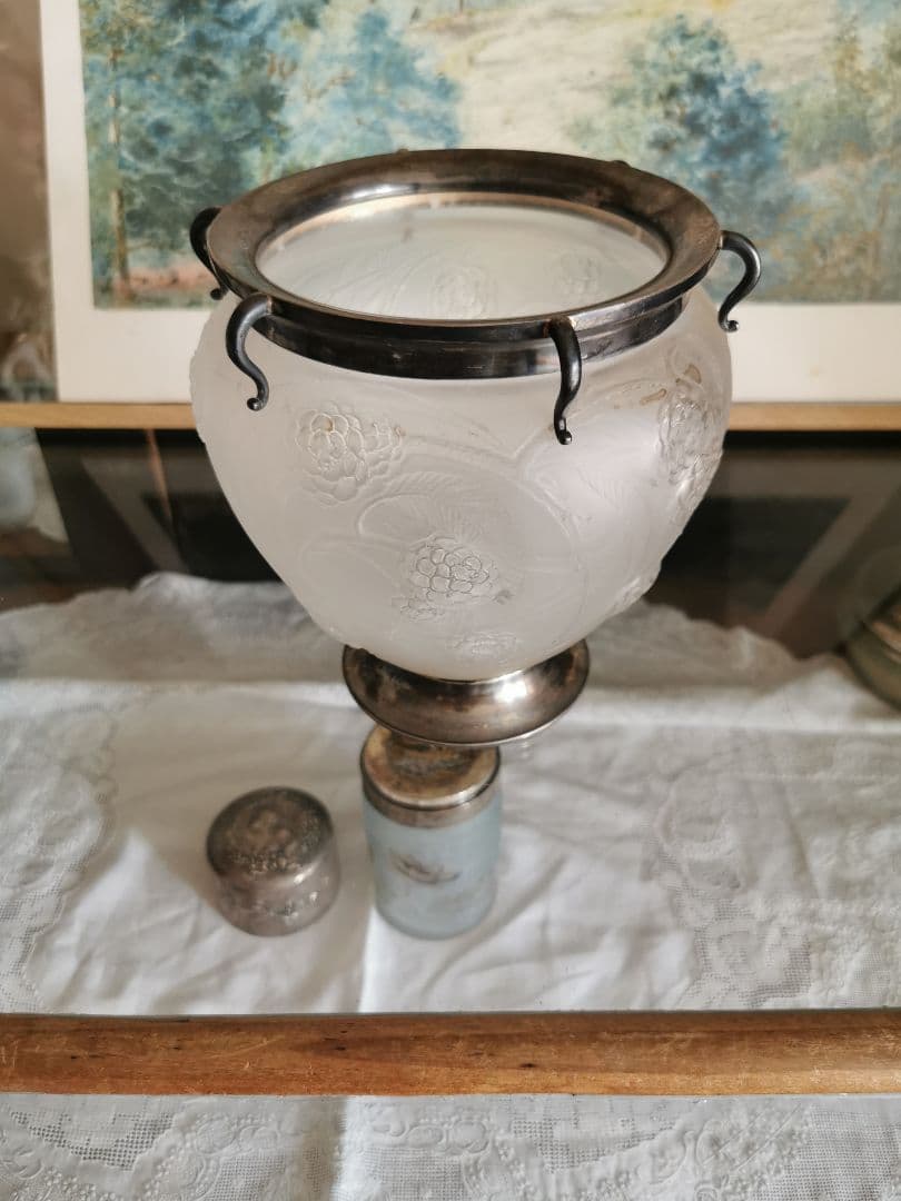 アンティーク ラリック 特注シルバー装飾台座＆口縁付 西洋花梨紋 ガラス大型花器