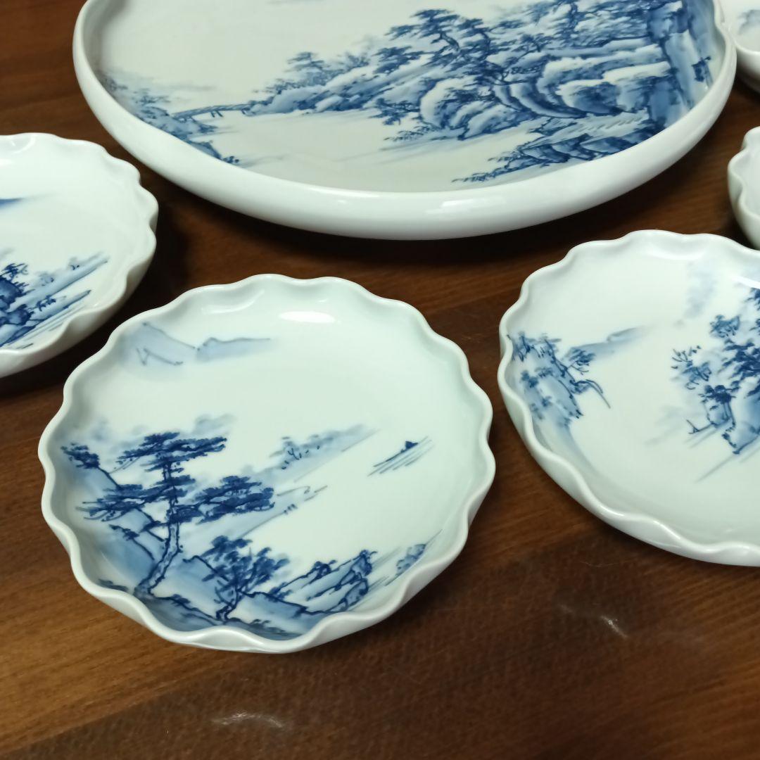 高級 レア 有田焼 青い山水画 波型皿 大皿 取り皿 染付 青白い風景画 工芸品