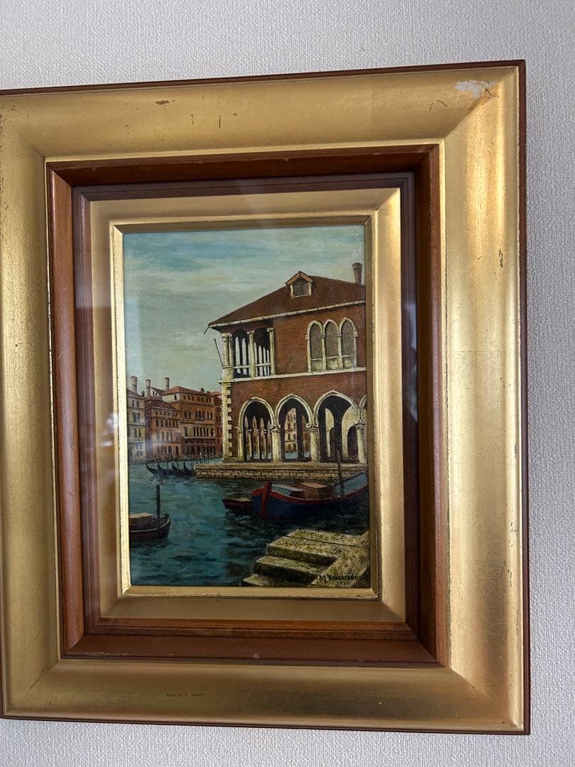 玉之内満雄[ベニス] ヴェネツィアの風景 油彩画 金色フレーム