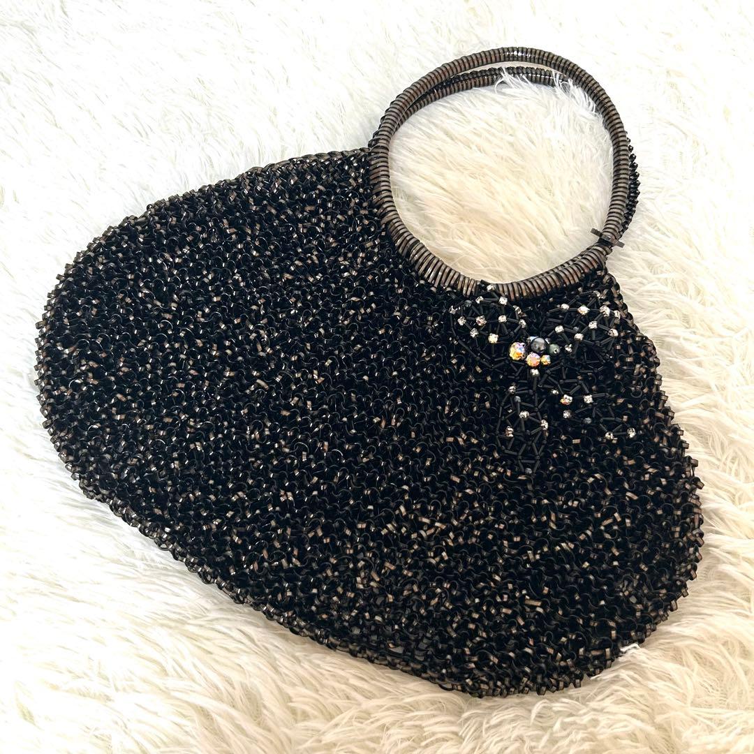 【ほぼ未使用】アンテプリマ　リボン　ビジュー　ラウンド　ワイヤーバッグ　ブラック