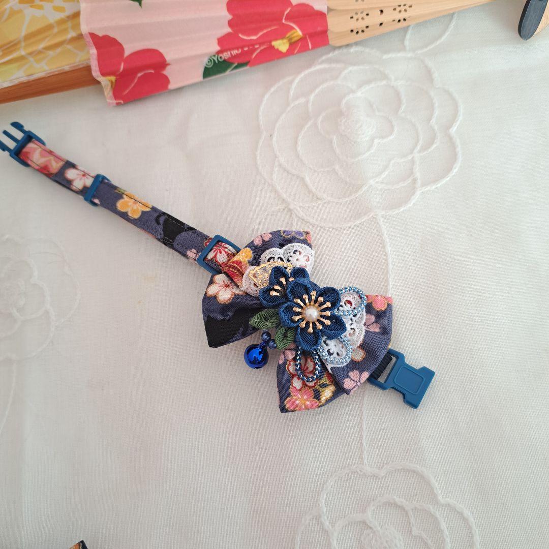 お正月、つまみ細工リボン(青②)わんちゃん猫ちゃん用首輪