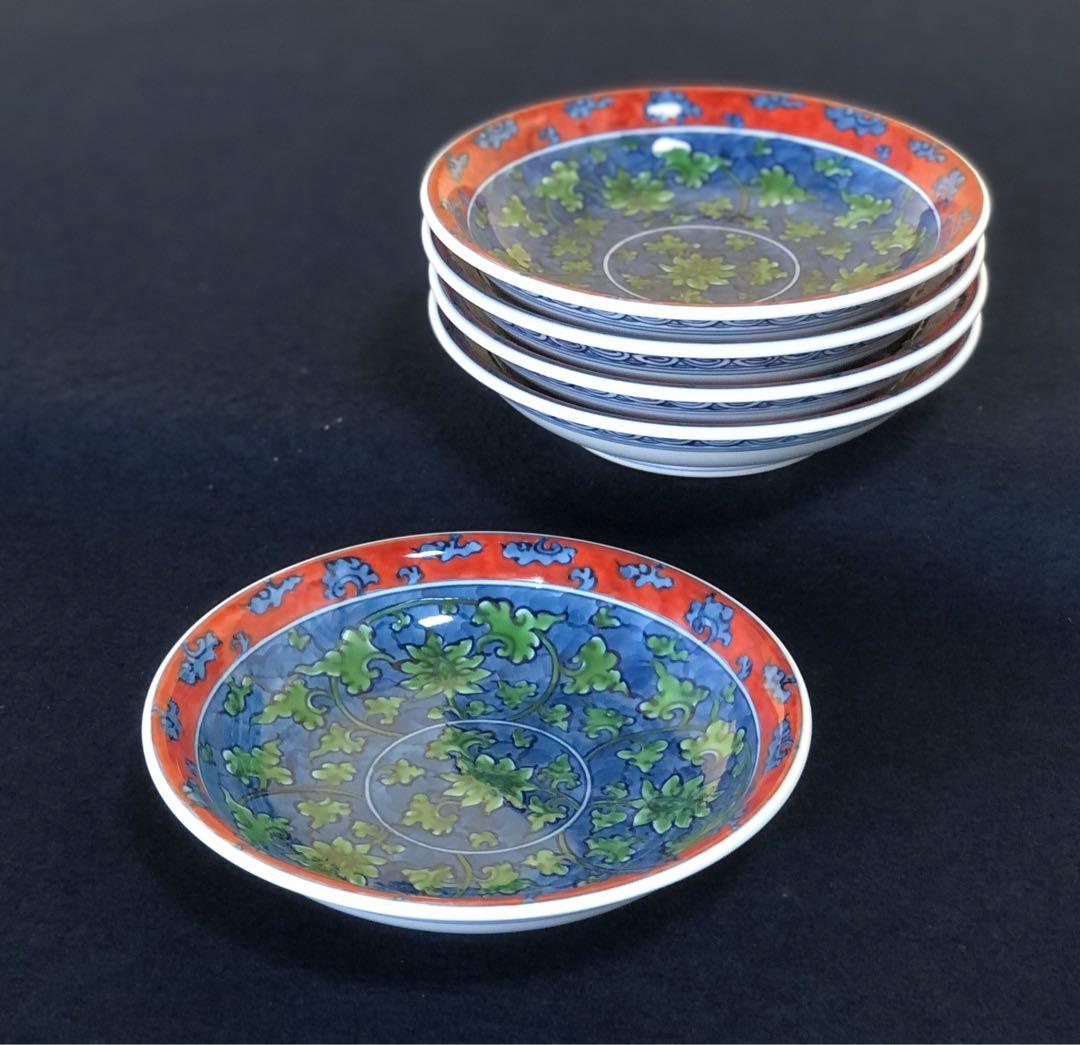 《レ》源右衛門作 有田 緑彩唐草 小皿5客 銘々皿 共箱　251201お2