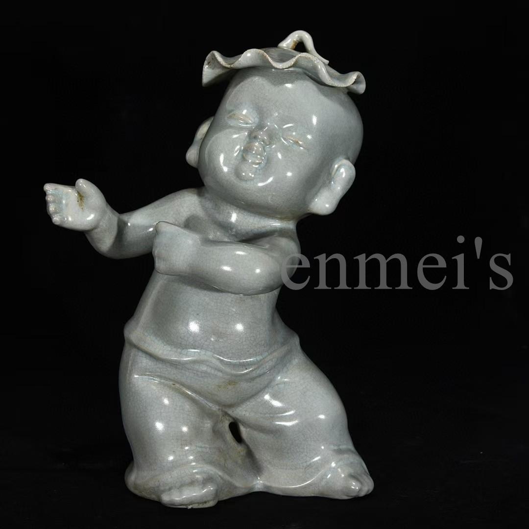 中国古美術・宋汝窯風 淡青釉 童子人形 3体セット・陶器製・文房置物・賞物