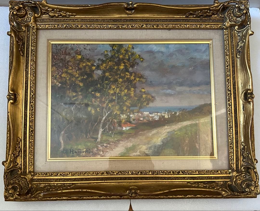 油絵 真作 服部 保 額縁付 ミモザ咲く