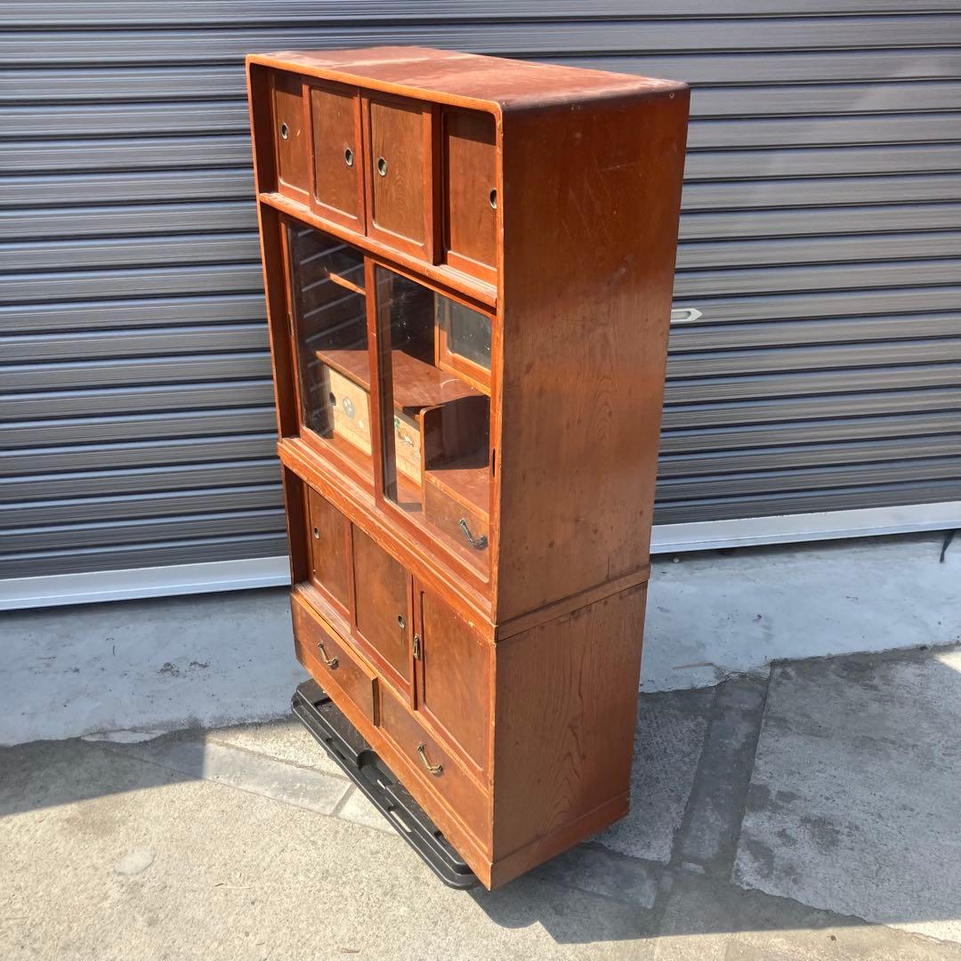 昭和レトロ 無垢材 木製 茶箪笥 茶棚 ガラス戸 サイドボード 古家具 古民家