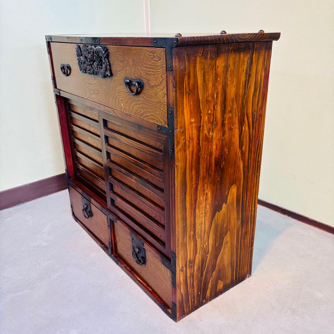 時代 帳場箪笥 【両面仕様】車箪笥 鍵付き 和モダン 古家具【鍵付き】