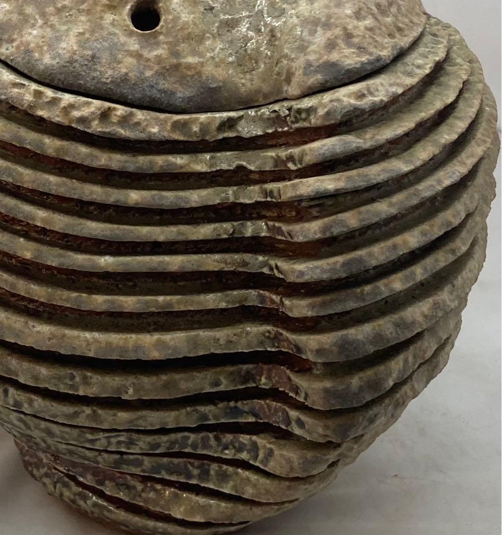 B154 山本出造「備前ブルゴーニュ土  積上香炉」 共箱　線香立付 フクロウ