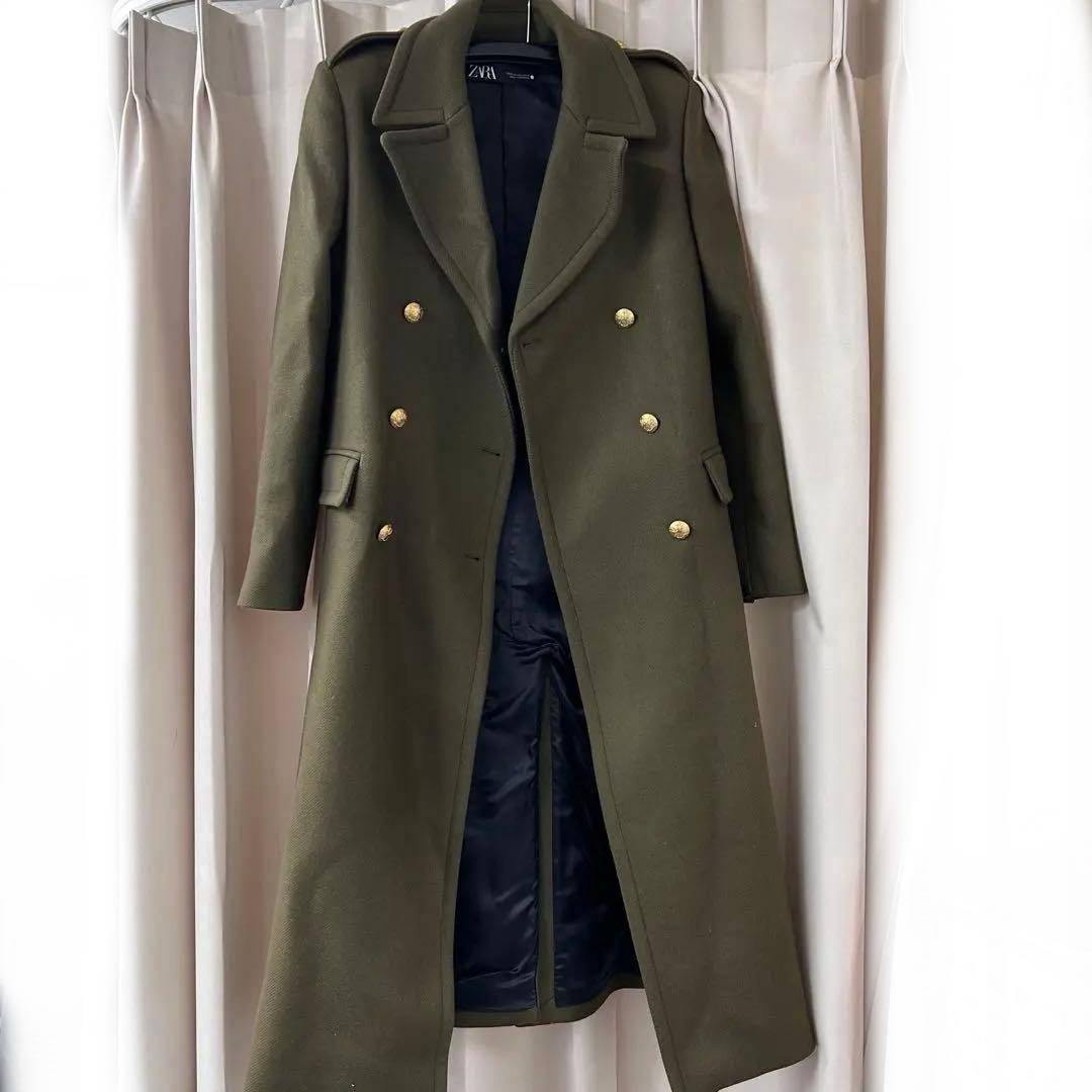 カーキ　オリーブ ダブルブレスト チェスターコート　ZARA