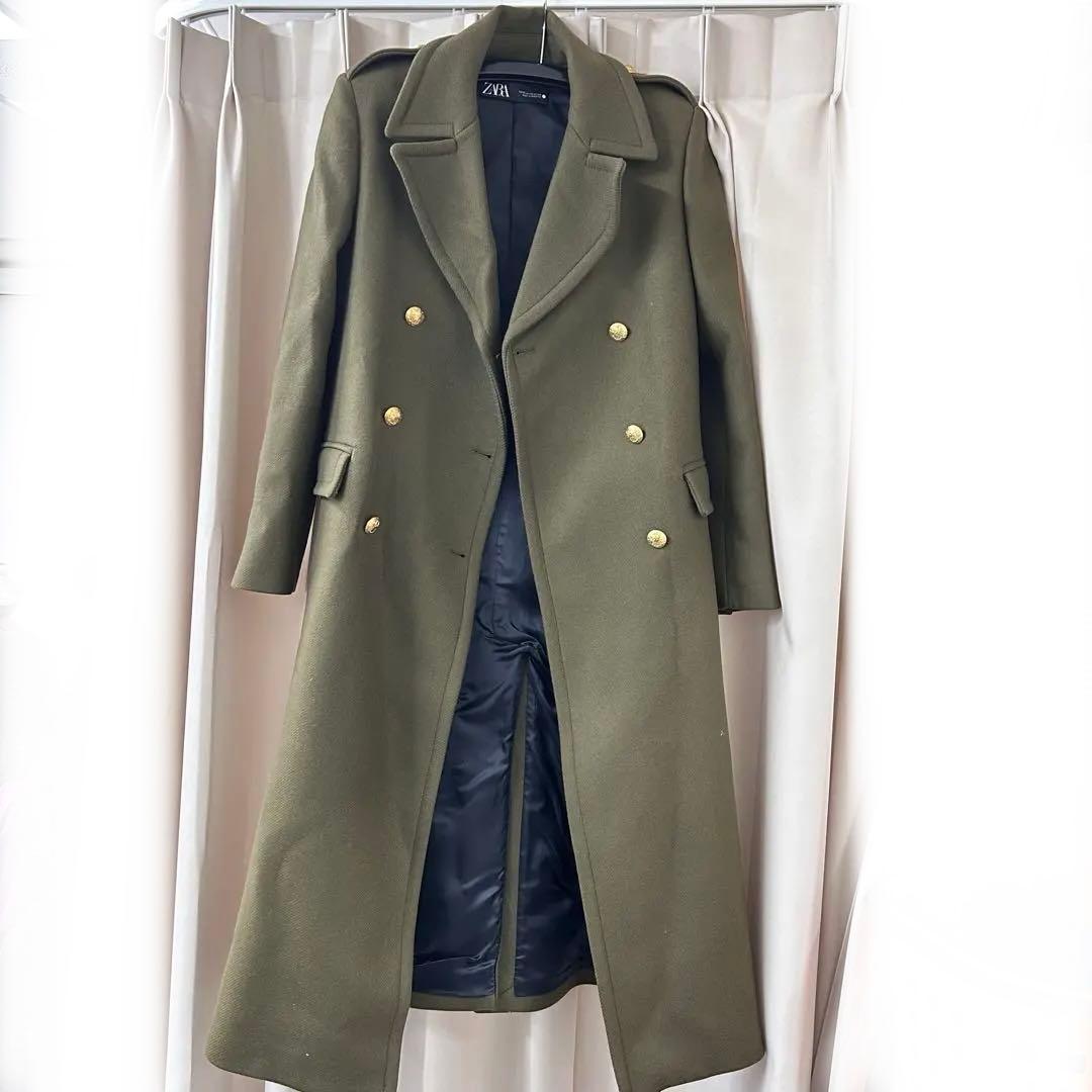 カーキ　オリーブ ダブルブレスト チェスターコート　ZARA