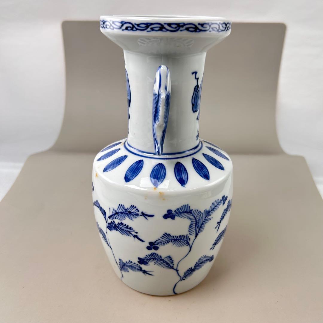 花入　染付　高砂　平安高野昭阿弥作 青白磁の花瓶 魚の持ち手付き