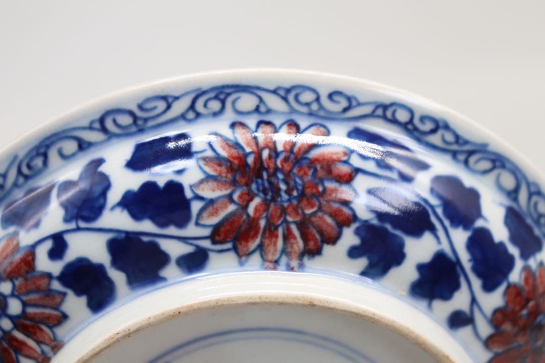 中国　大清康熙年製銘　青華釉裏紅蓮紋皿　送料込み0805