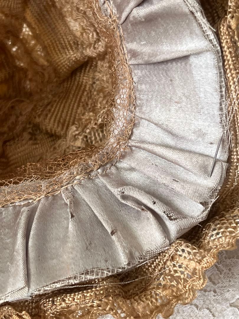 アンティークヴィクトリアン ビスクドール帽子ハットローズ布花レース