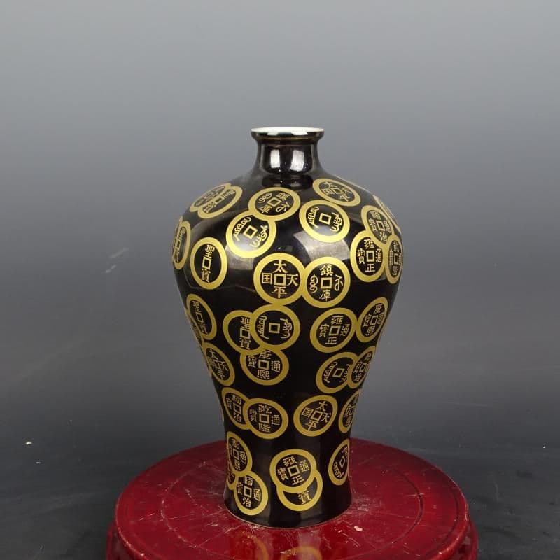 清咸豊烏金釉画金銅銭紋梅瓶 景徳鎮 陶磁器 装飾品 現代工芸品 美術品 置物