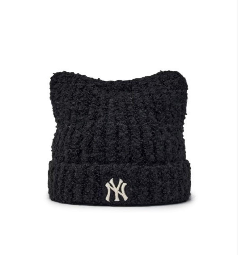 大人気【すぐ発送】韓国 MLB korea 猫耳 ビーニー ニット帽 ブラック