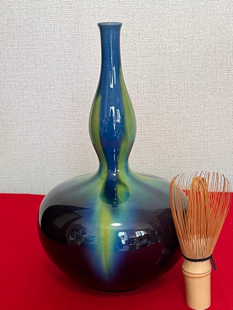 三代 人間国宝 徳田八十吉（正彦銘）碧明釉 瓢型 花生 約24㎝ T288