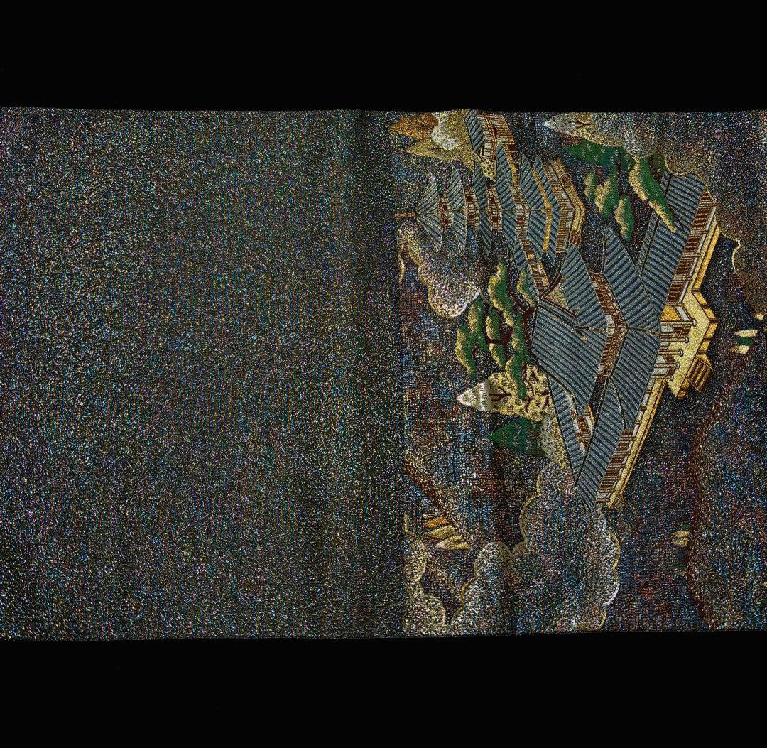 【超美品】袋带 六通 彩きらら織 キラキラ 宝石　青シルバー金