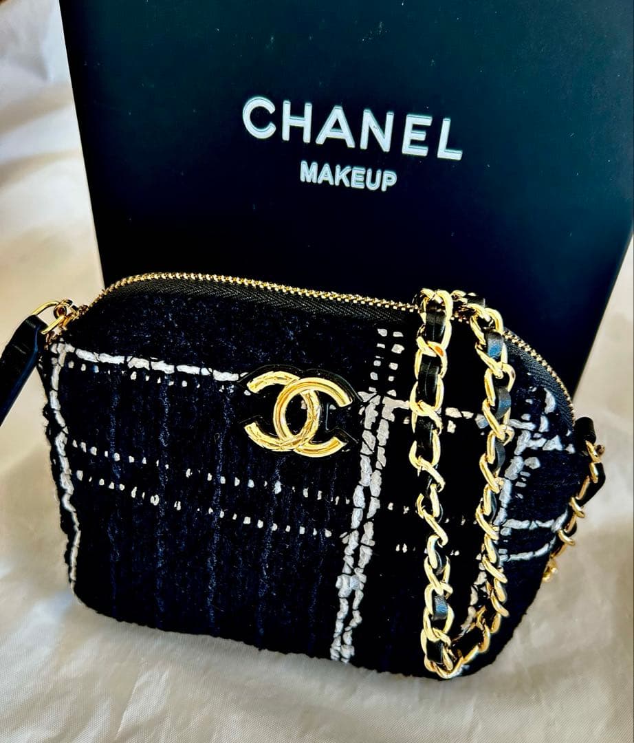 CHANELシャネル ノベルティ チェーン ショルダーバッグ ツイード ブラック