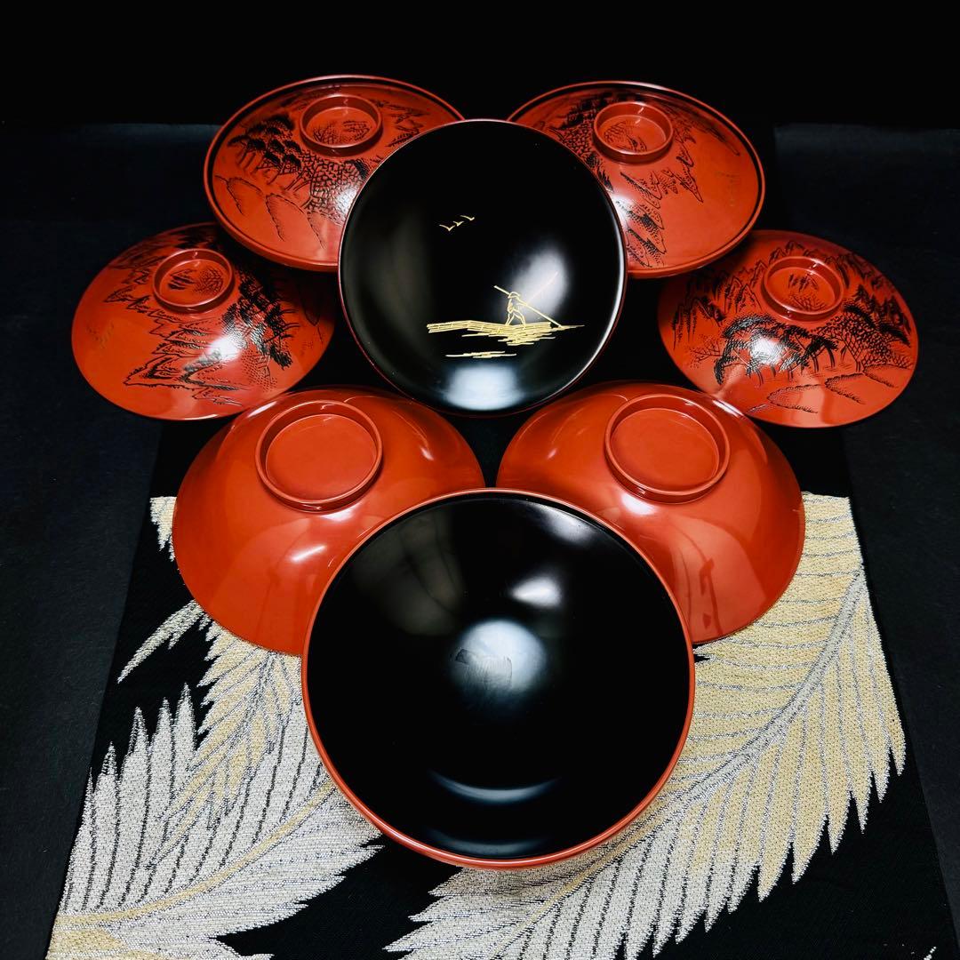 希少品　漆器　輪島塗　金彩細工　蒔絵　木製　蓋付椀　お煮物椀　吸物椀　5客