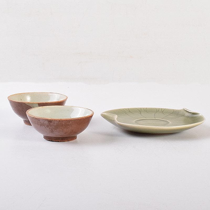 中国　唐物　龍泉窯　青磁盃台　柿釉煎茶器２客　三点まとめて　V　R7569