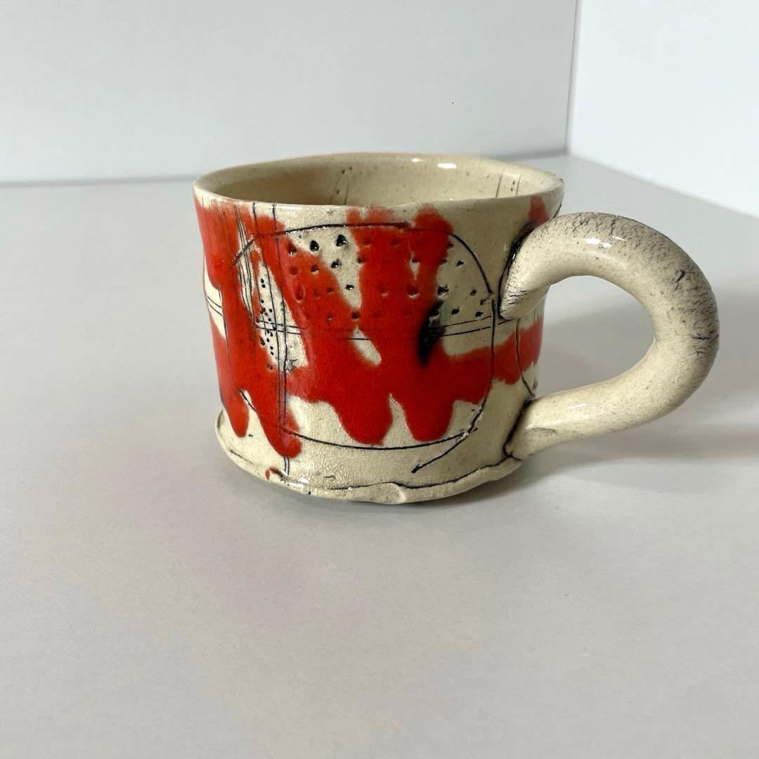 #XG539 陶芸家・山田和・赤釉織部珈琲碗・織部焼・茶碗・酒器・茶道・未使用品