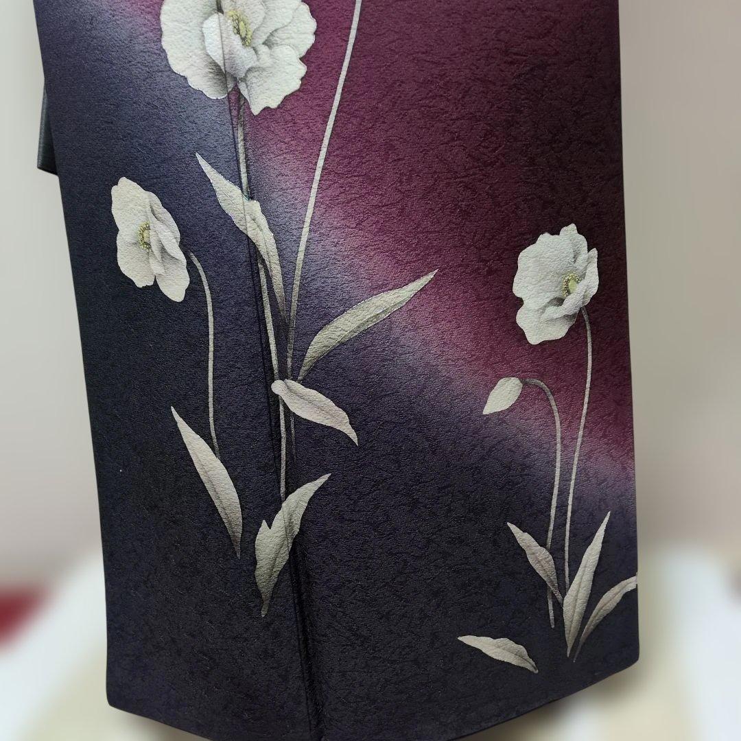 付下げ ワインレッド 花柄刺繍着物とお太鼓柄の帯セット