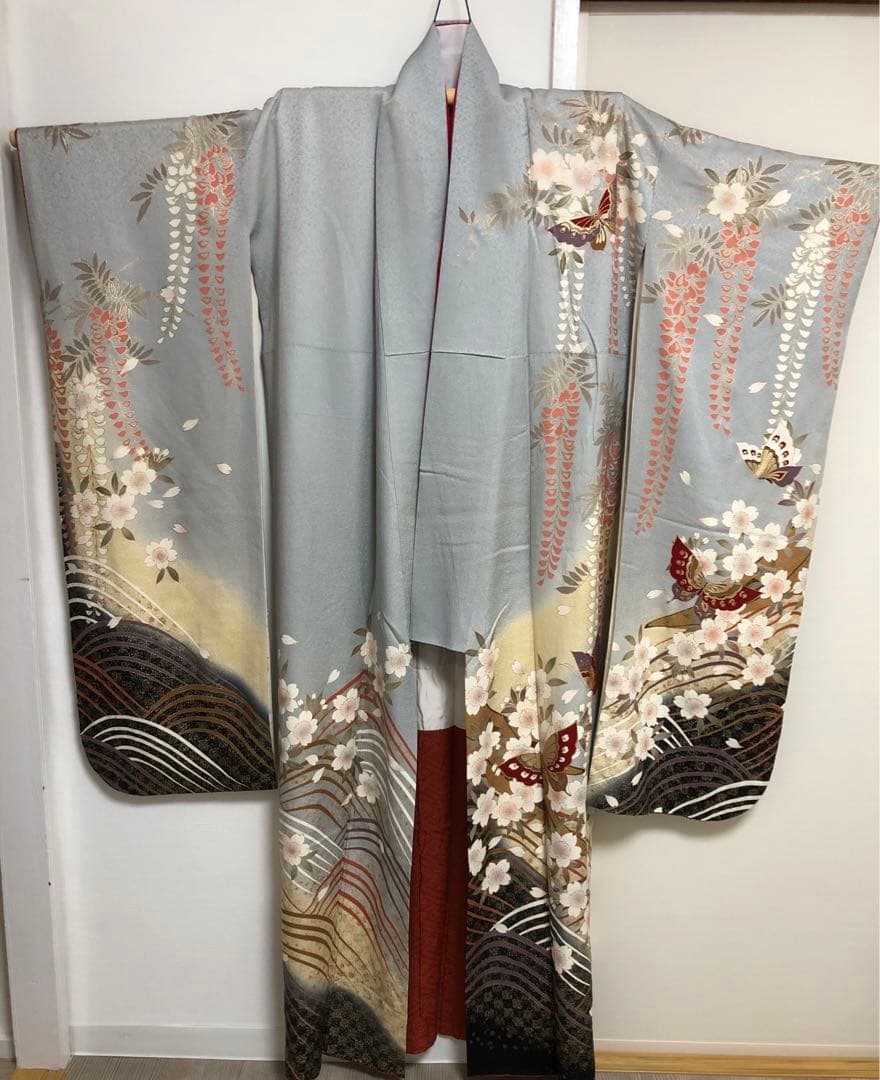 振袖　着物　帯　セット　成人式　水色　蝶　桜　ブルー系　前撮り