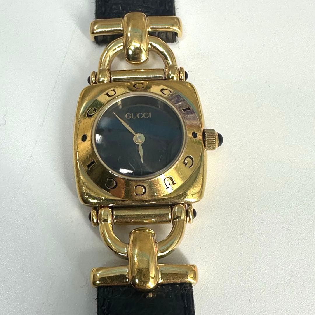 GUCCI★グッチ 時計 ホースビット腕時計 レディースゴールド 黒レザーベルト