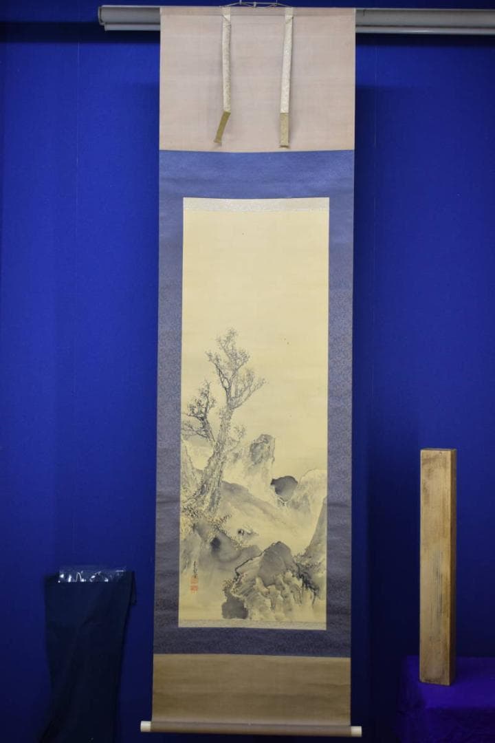 真作/春隣/山水鹿図/布袋屋掛軸HI-133