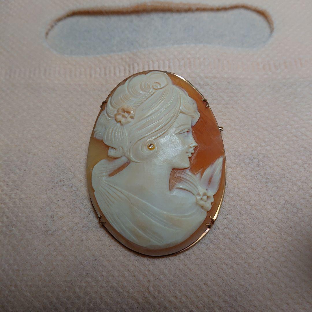 k18 18金 カメオ ブローチ 女性の横顔 楕円形