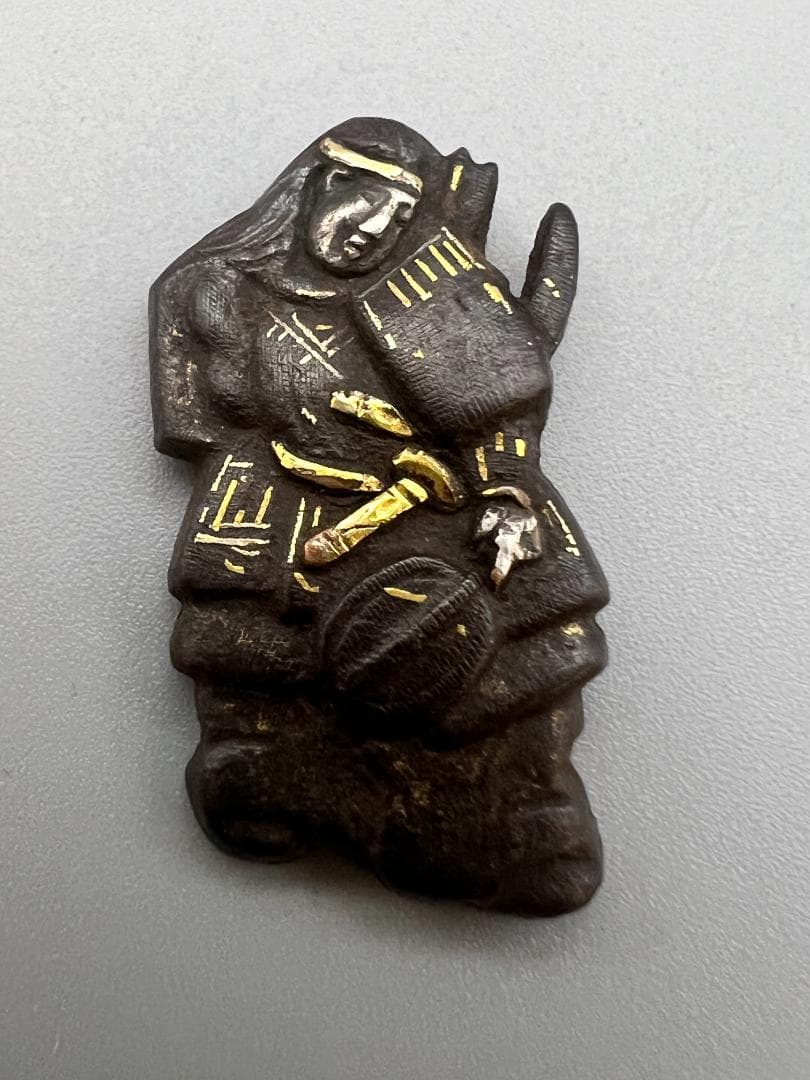 【海】江戸明治期　目貫　龍　天使　武士文など　銅鉄　金銀象嵌　5点　骨董品