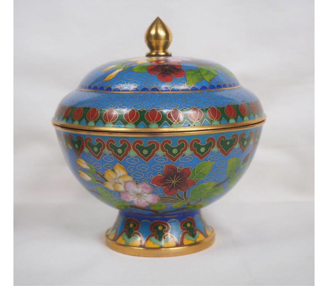 送料無料　中国古玩　景泰藍七宝蓋物一対　高さ約12ｃｍ