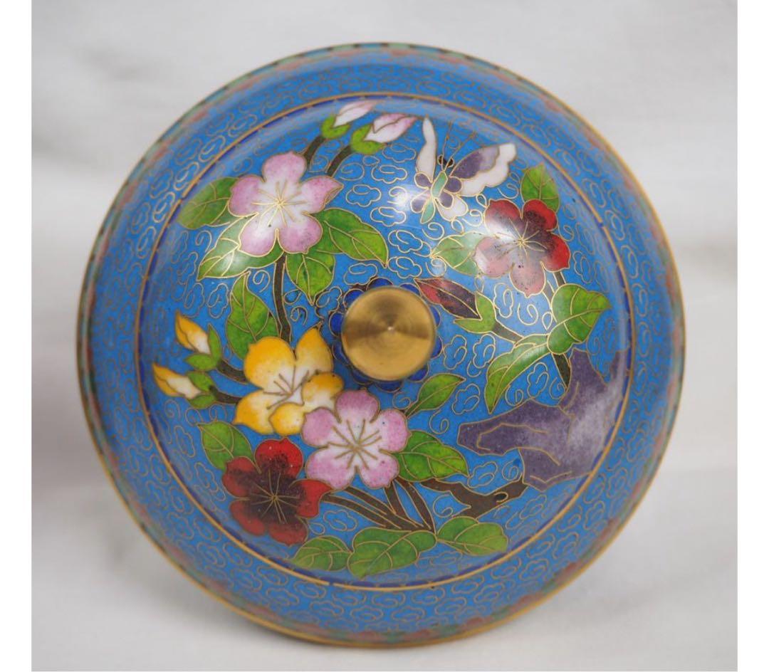 送料無料　中国古玩　景泰藍七宝蓋物一対　高さ約12ｃｍ