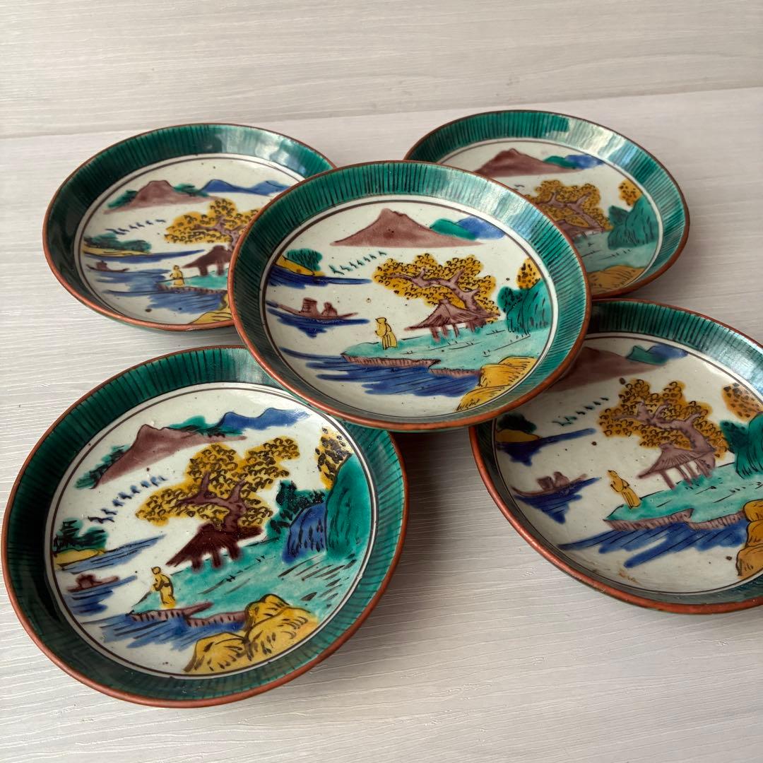 【1枚難あり】九谷焼　吉田屋窯　小皿　角福　山水　青手　年代物　共箱　和食器