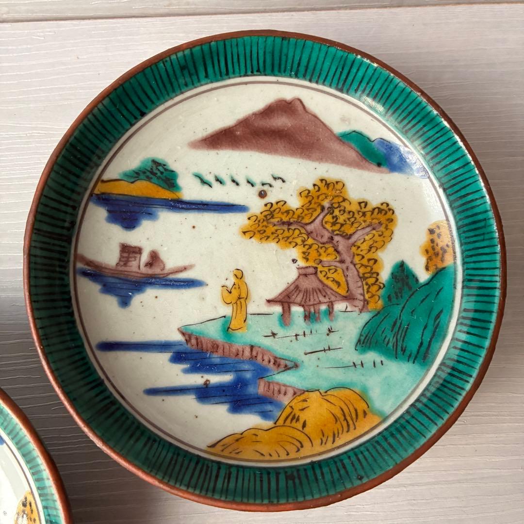 【1枚難あり】九谷焼　吉田屋窯　小皿　角福　山水　青手　年代物　共箱　和食器