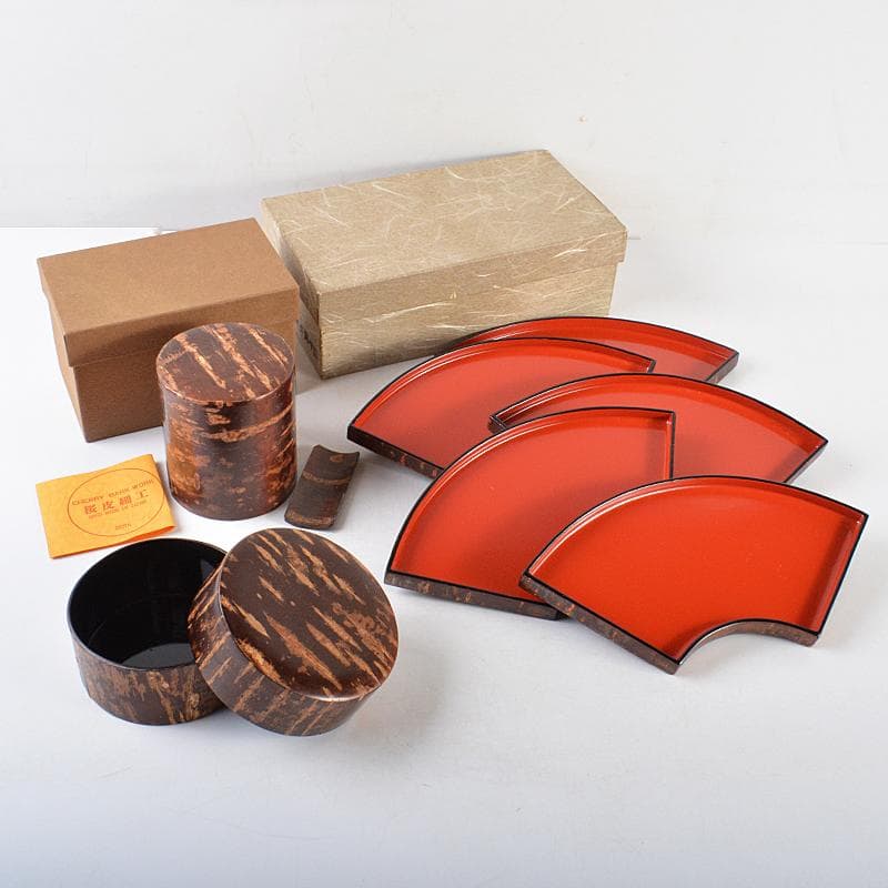 伝統工芸　桜皮細工　扇銘々皿　五客　茶筒　茶匙　蓋物　まとめて　V　R5839