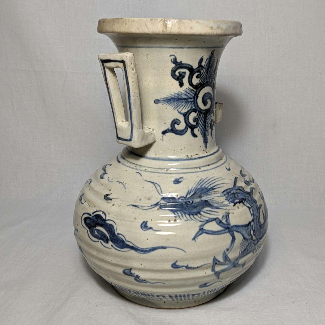 明治大正期 伊万里焼 染付雲龍文耳付花瓶 有田焼 花入 花器 フラワーベース