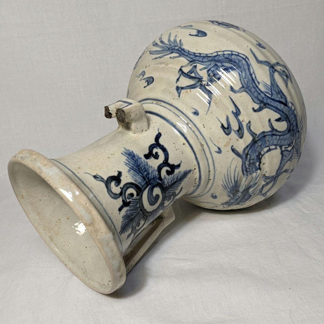 明治大正期 伊万里焼 染付雲龍文耳付花瓶 有田焼 花入 花器 フラワーベース