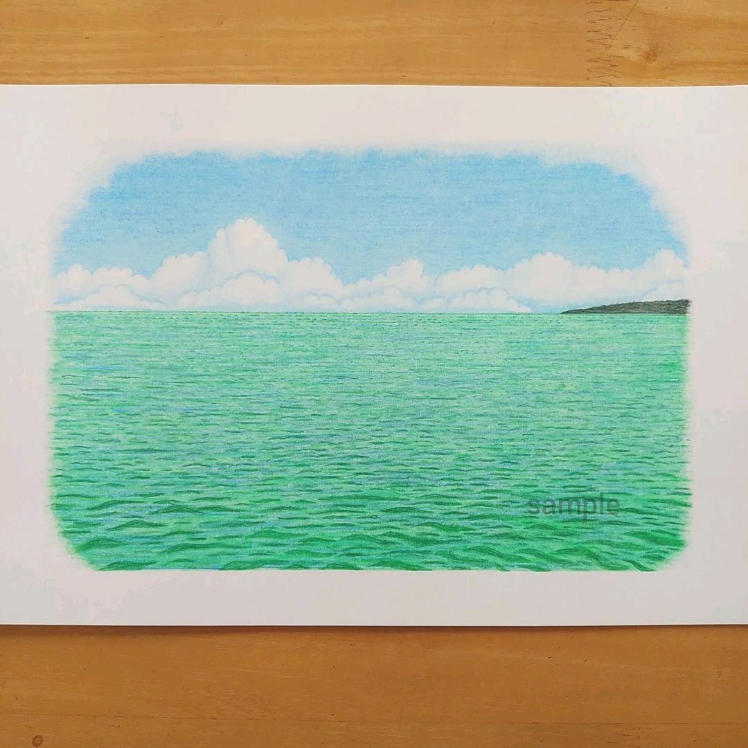絵画色鉛筆風景画『沖縄の海』原画