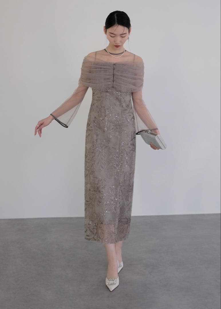 LEJA チュールオフショルダー花柄Iラインドレスワンピース