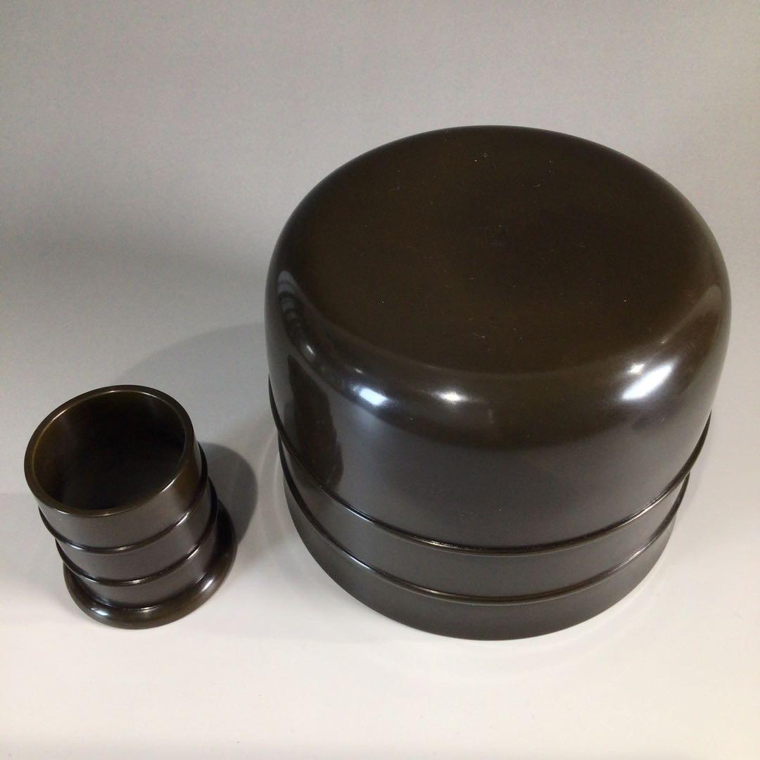 Ｐ３８１　皆具　『藤井宗喜造』『唐銅』『鬼面釻』『水指　建水　蓋置　杓立』　共箱