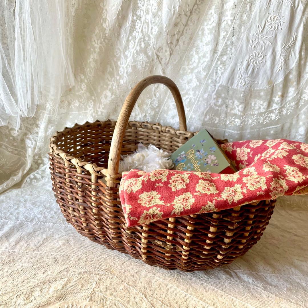 アンティークパニエ　ハンドル付き籠　フランスアンティーク　かごカゴ　赤ずきん